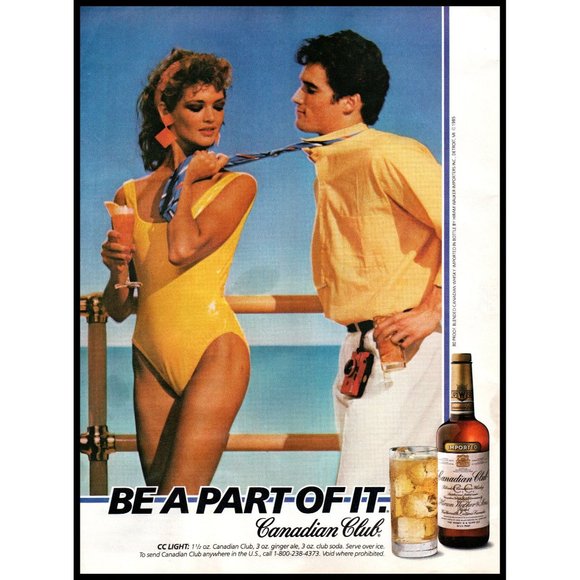 1986 Canadian Club Whisky Vintage Print Ad Yellow Swimsuit Cruise Balcony Photo - Picture 1 of 1